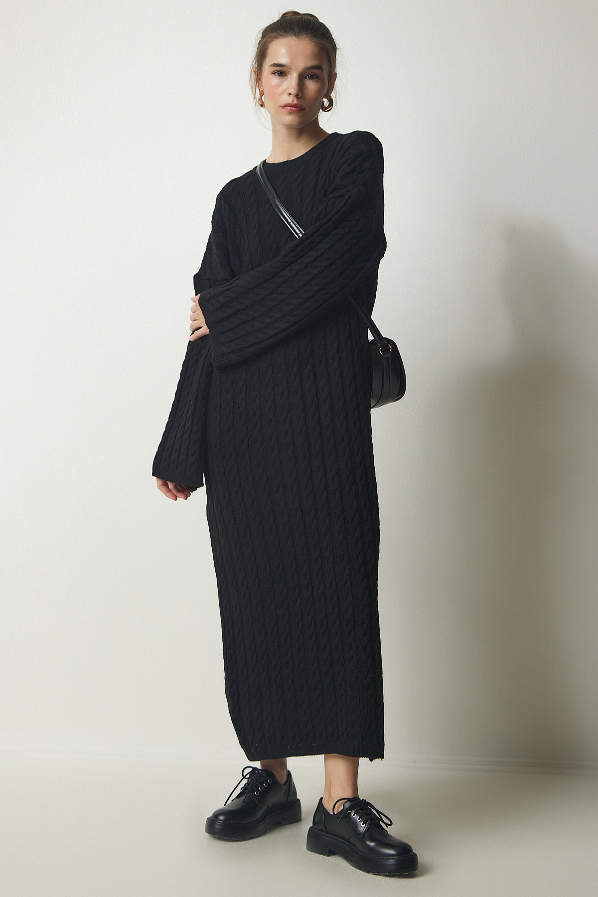 Siyah Örgü Detaylı Kalın Oversize Triko Elbise YY00184