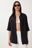 Siyah Oversize Dokuma Gömlek WF00130