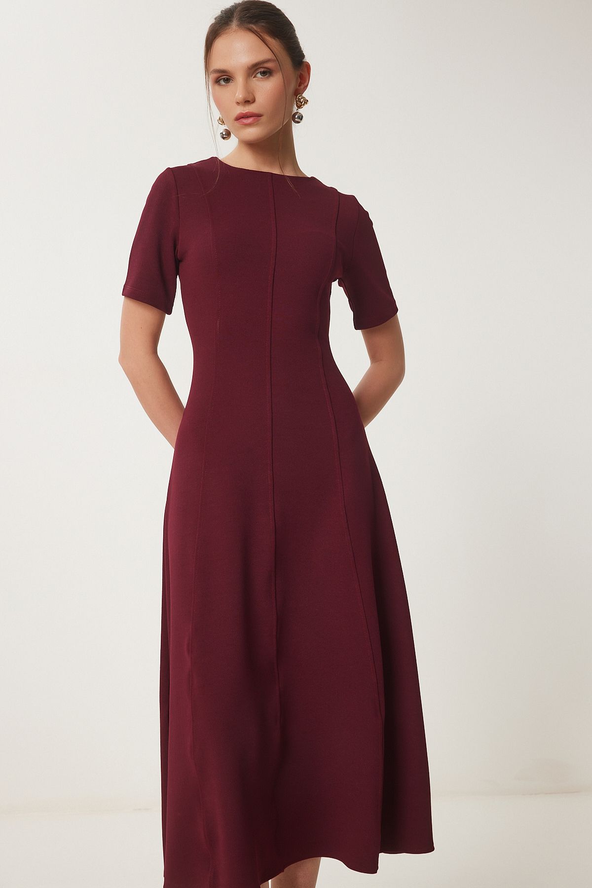 Bordo Kloş Midi Yazlık Örme Elbise ZH00047