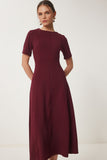 Bordo Kloş Midi Yazlık Örme Elbise ZH00047