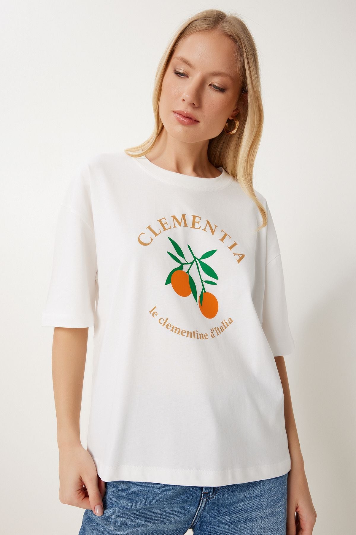 Ekru Baskılı Pamuklu Oversize Örme T-Shirt YY00238