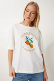 Ekru Baskılı Pamuklu Oversize Örme T-Shirt YY00238