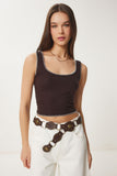 Kahverengi Kontrast Şeritli Crop Örme Bluz FW00005