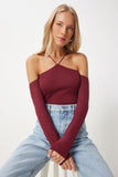 Bordo Çapraz İpli Triko Bluz  FN03340