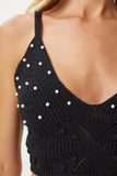 Siyah İnci Detaylı Ajurlu Crop Triko Bluz  FN03366