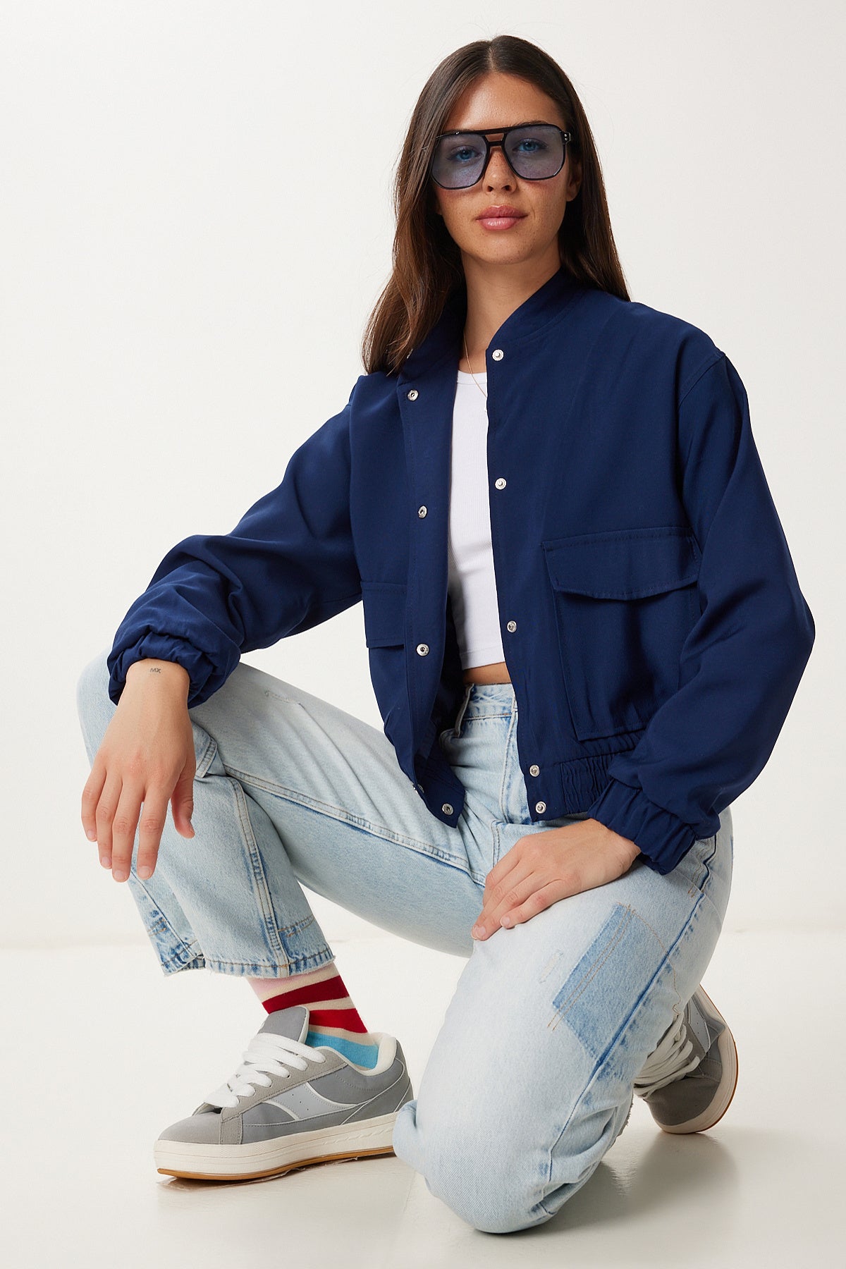Lacivert Kapaklı Cepli Gabardin Bomber Ceket MX00235