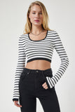Beyaz Çizgili Fitilli Crop Triko Bluz PF00067
