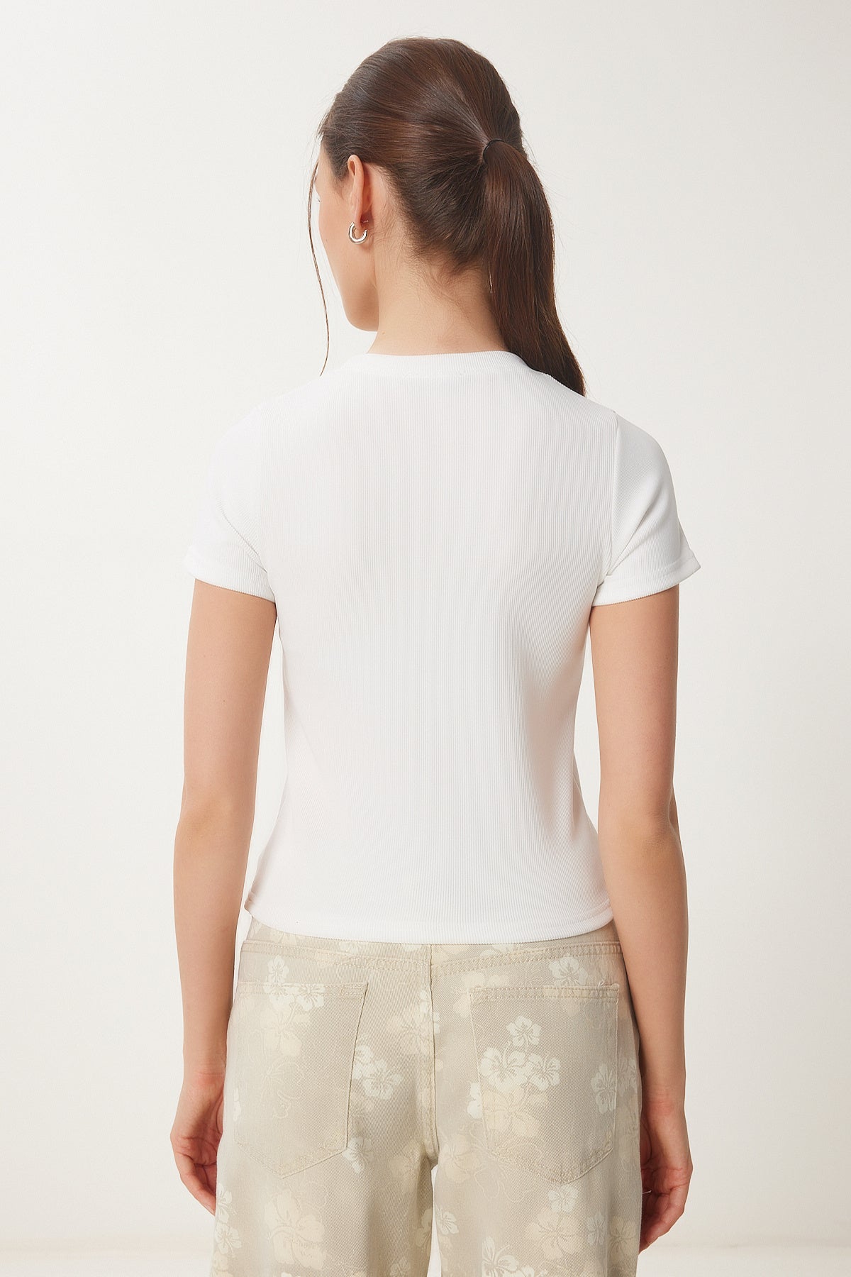 Kemik Kalp Nakışlı Fitilli Örme T-Shirt ZV00289