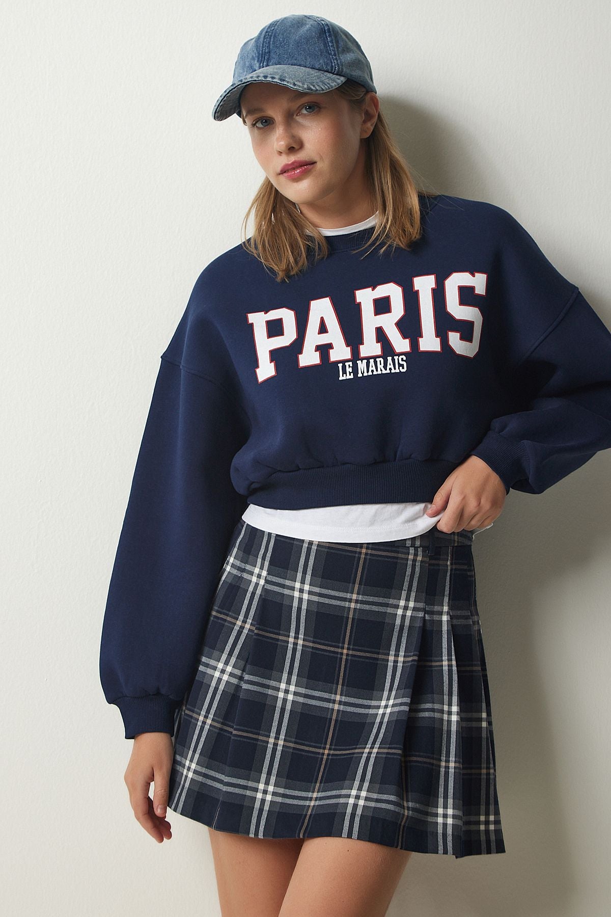 Lacivert Baskılı Şardonlu Crop Örme Sweatshirt HF00444