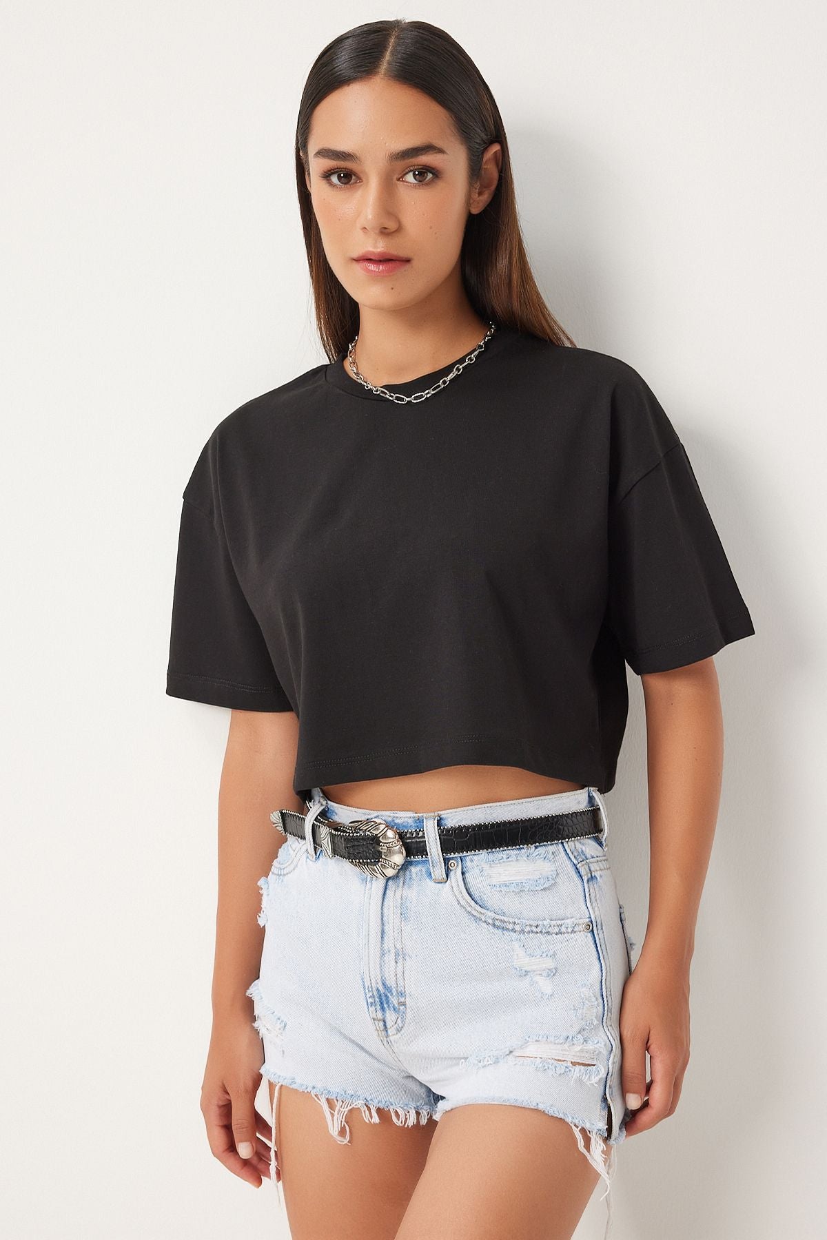 Siyah %100 Pamuk Oversize Crop Örme T-Shirt BP00164