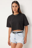 Siyah %100 Pamuk Oversize Crop Örme T-Shirt BP00164