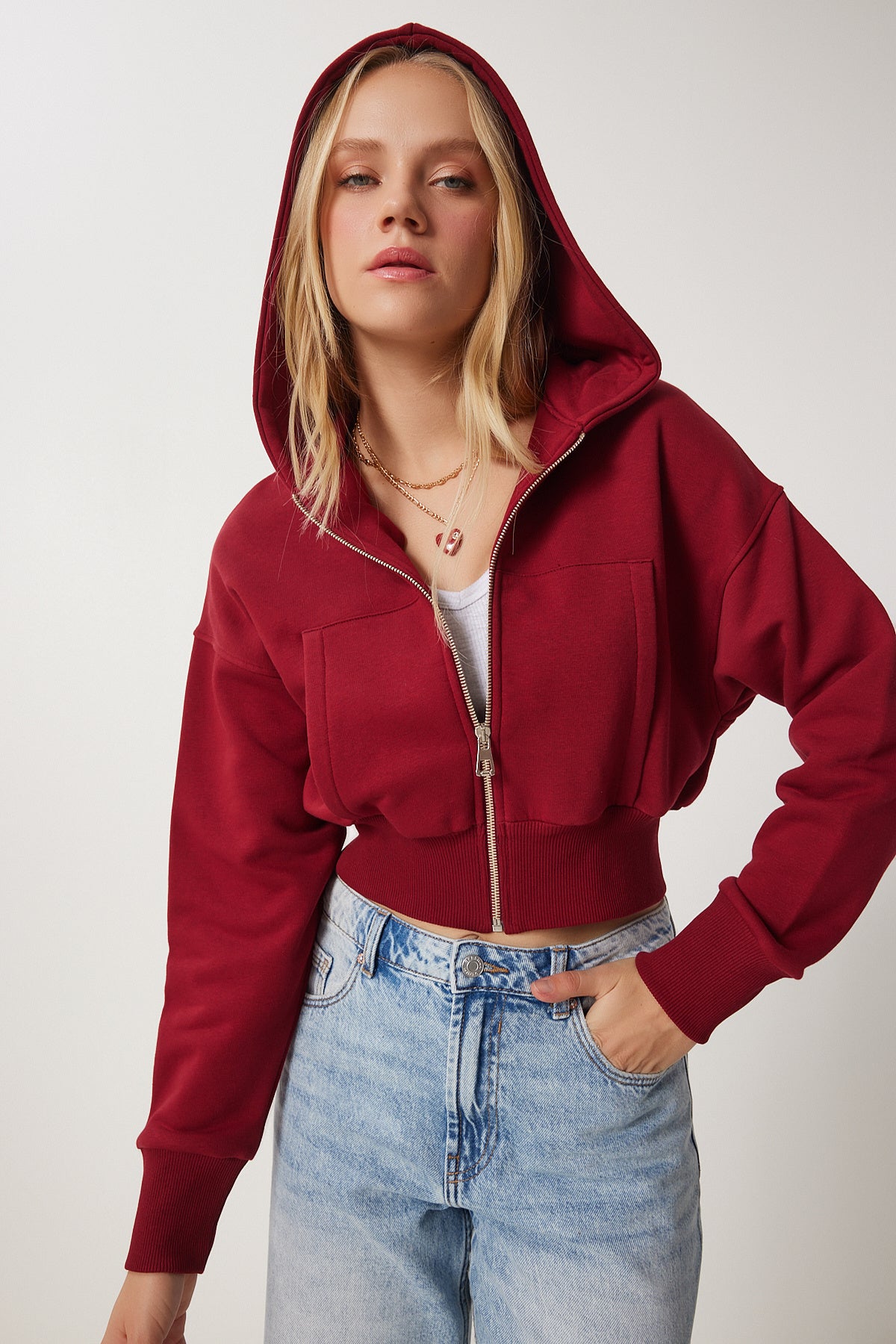 Bordo Kapüşonlu Şardonlu Fermuarlı Sweatshirt OW00051