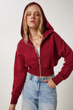 Bordo Kapüşonlu Şardonlu Fermuarlı Sweatshirt OW00051