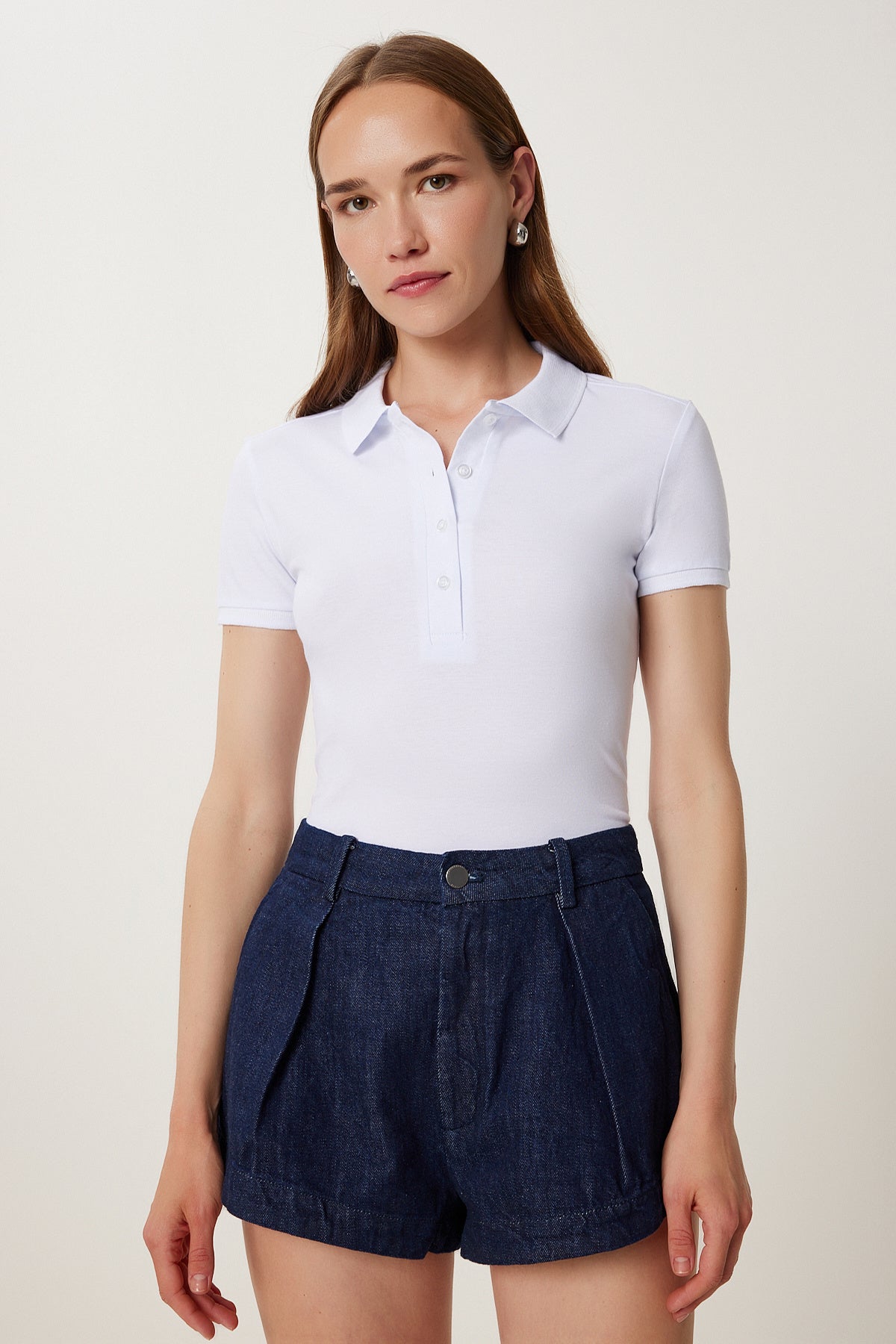 Beyaz Polo Yaka Örme T-Shirt FK00039