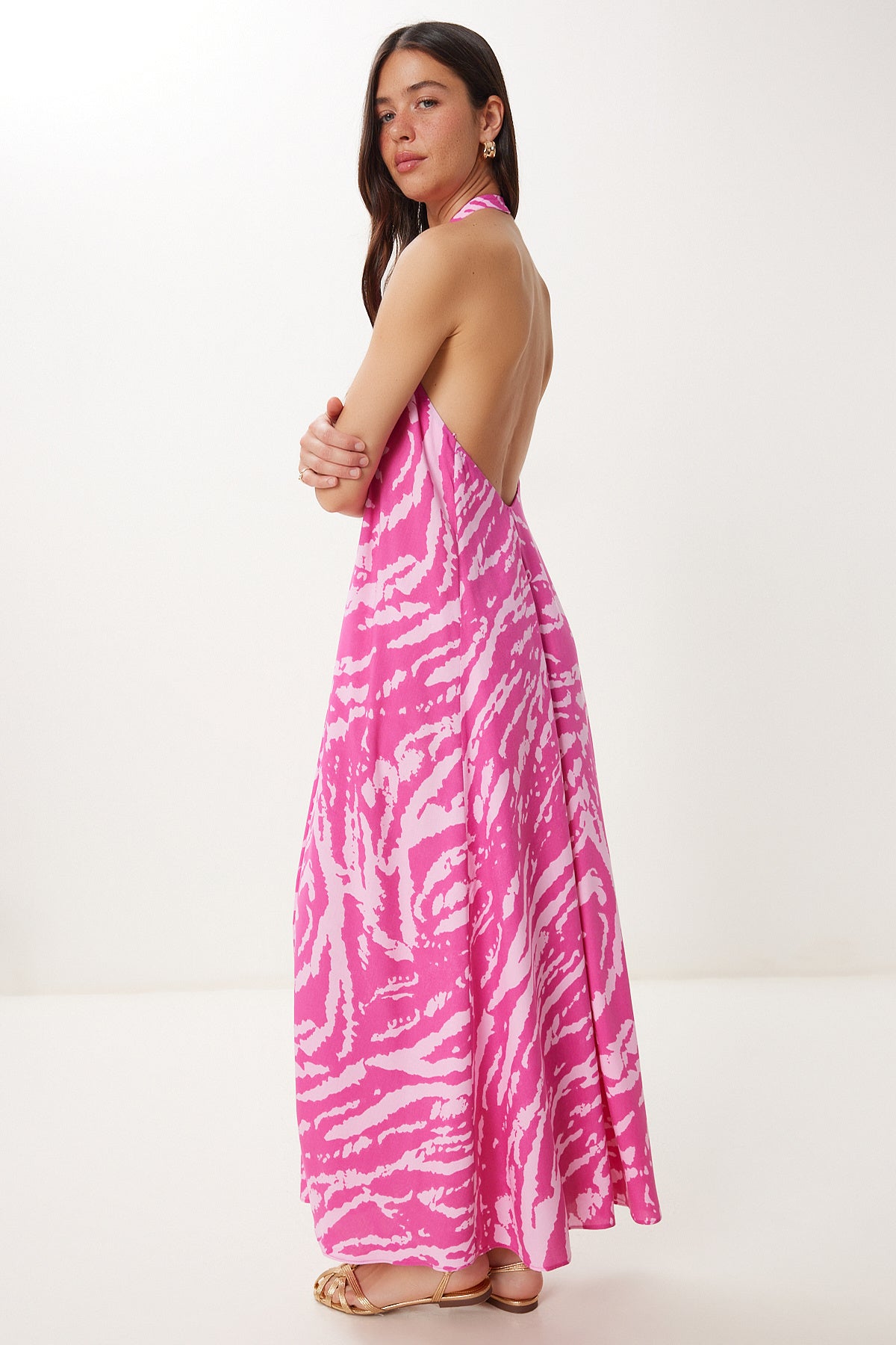 Pembe Halter Yaka Desenli Yazlık Viskon Elbise FG00042