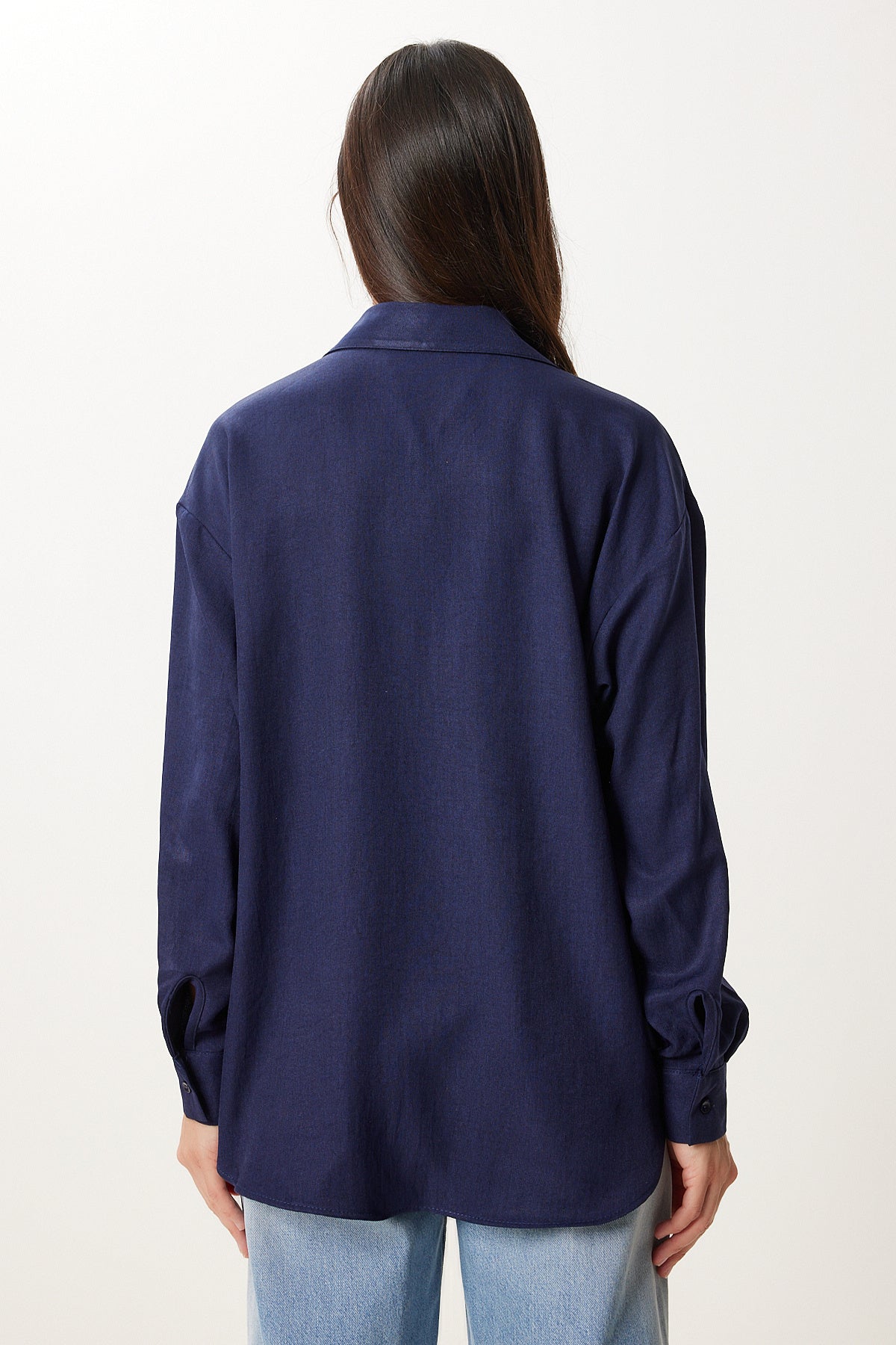 Lacivert Oversize Keten Gömlek PB00052