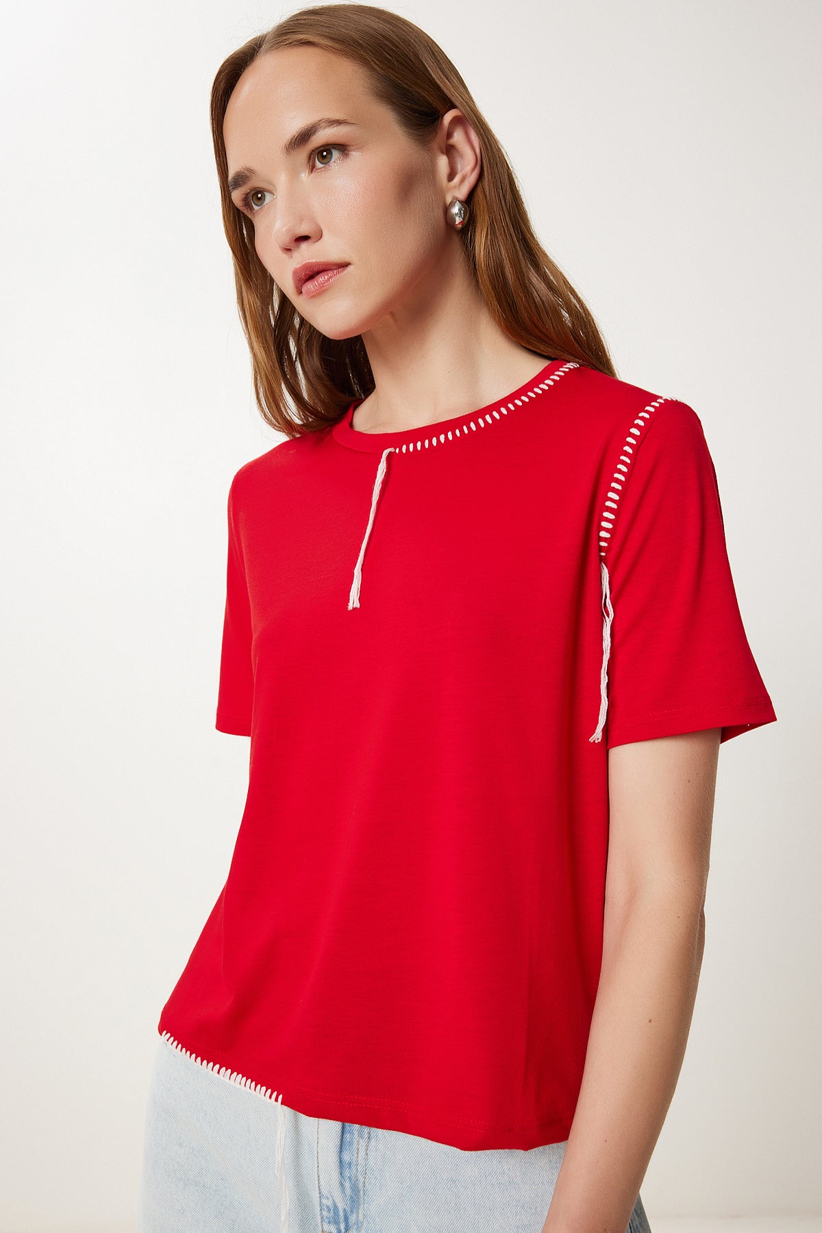 Kırmızı Kontrast Dikiş Detaylı Örme T-Shirt TP00087