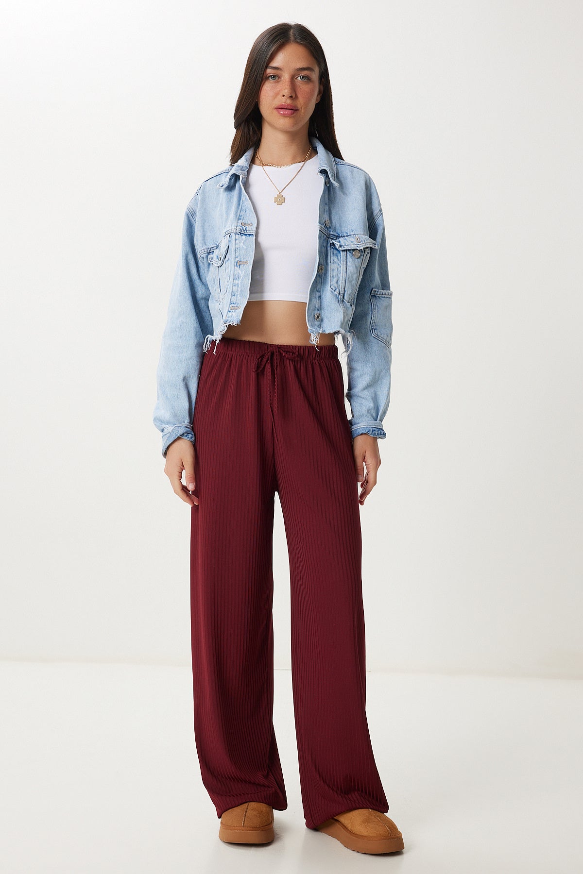 Bordo Geniş Paça Rahat Örme Pantolon PB00054