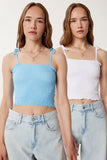 Gök Mavi Beyaz 2’Li Paket Askılı Esnek Crop Örme Bluz WF00157