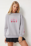 Gri Kalp Nakışlı Şardonlu Sweatshirt OW00004