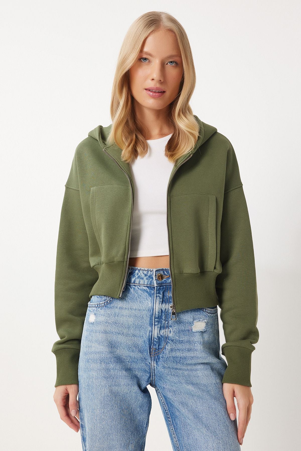Haki Kapüşonlu Şardonlu Fermuarlı Sweatshirt OW00051
