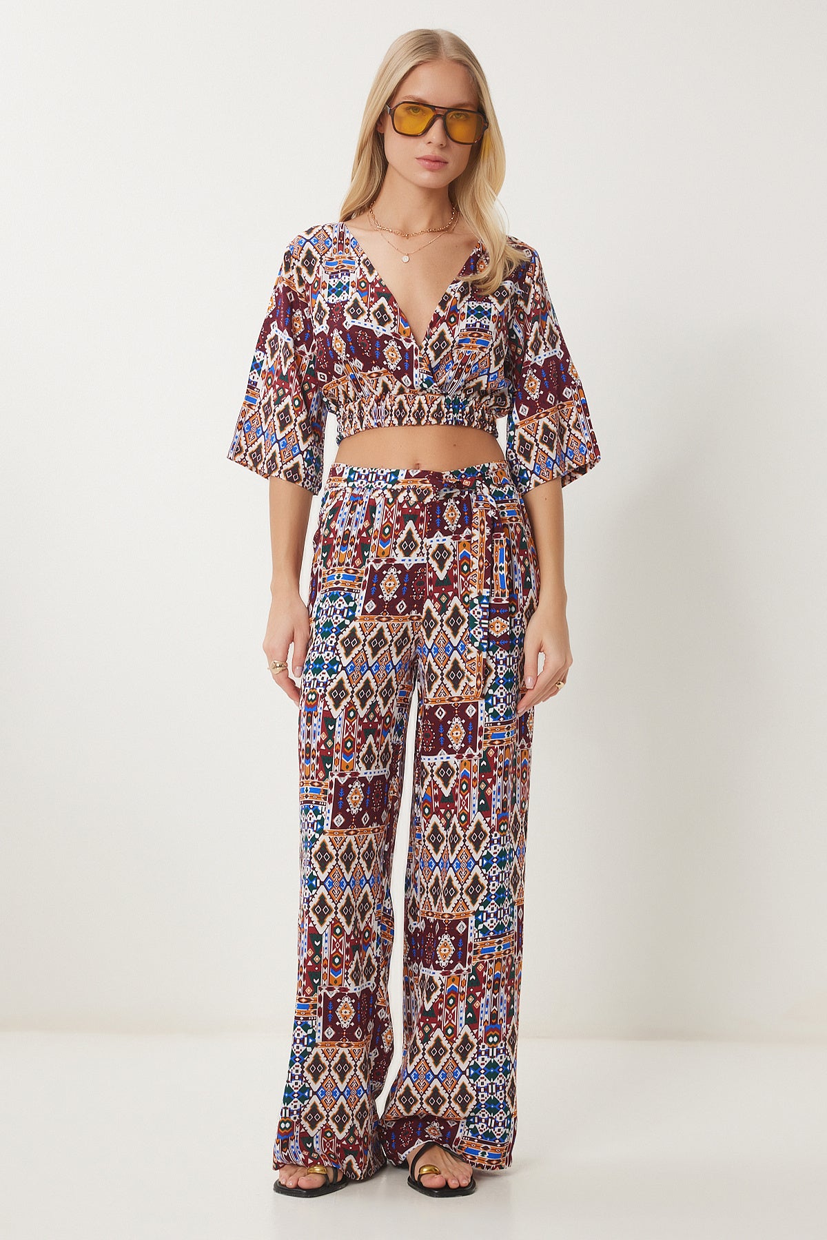 Bordo Oranj Desenli Crop Bluz Pantolon Takım ZV00270
