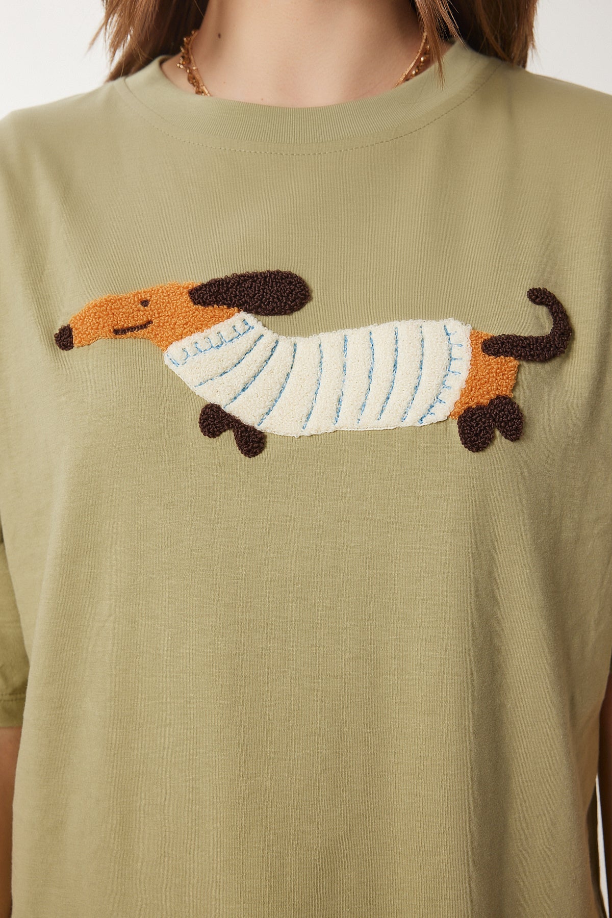 Zeytin Yeşili Nakışlı Pamuklu Oversize Örme T-Shirt CR00457