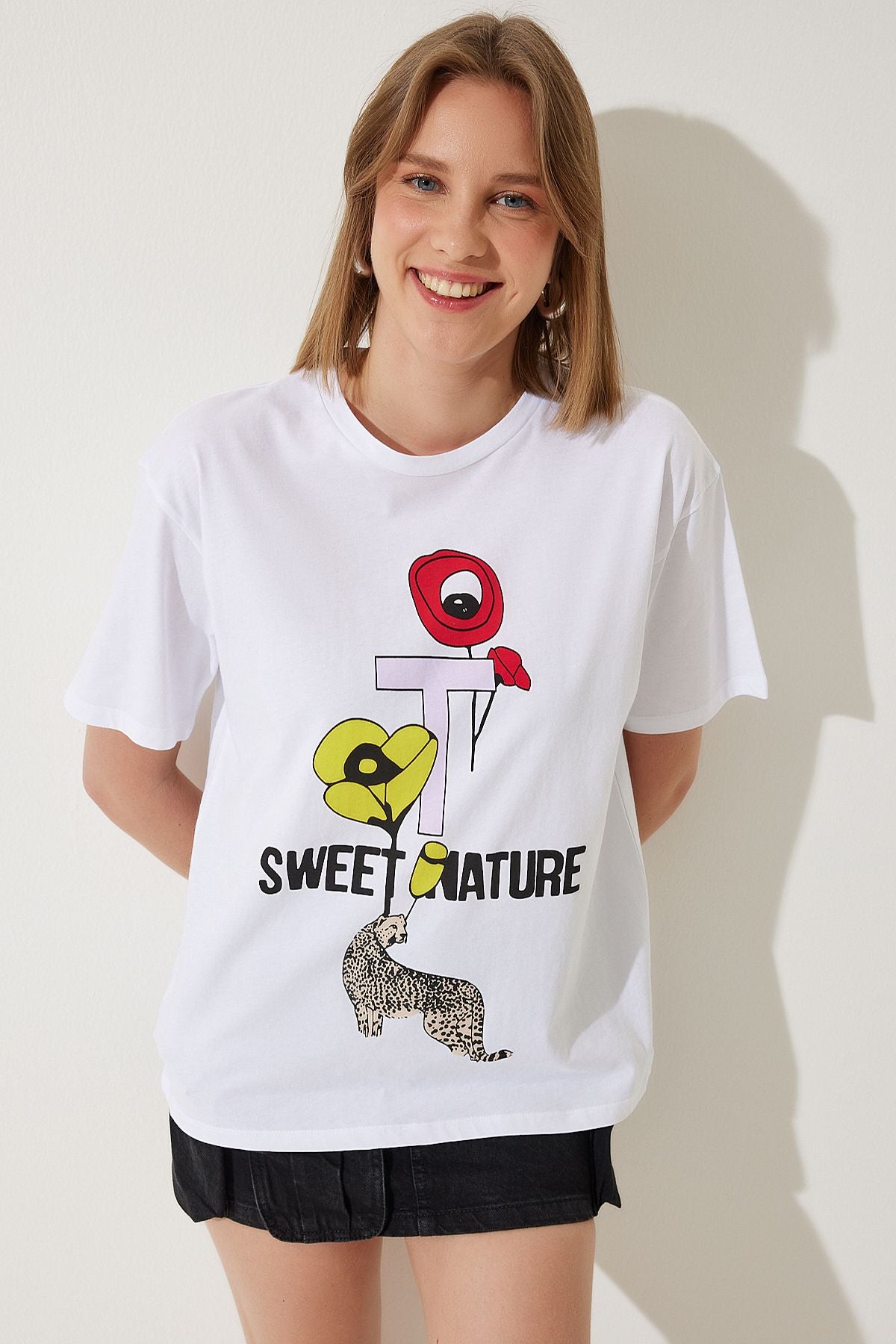 Beyaz Baskılı Oversize Örme T-Shirt WO00039