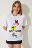 Beyaz Baskılı Oversize Örme T-Shirt WO00039