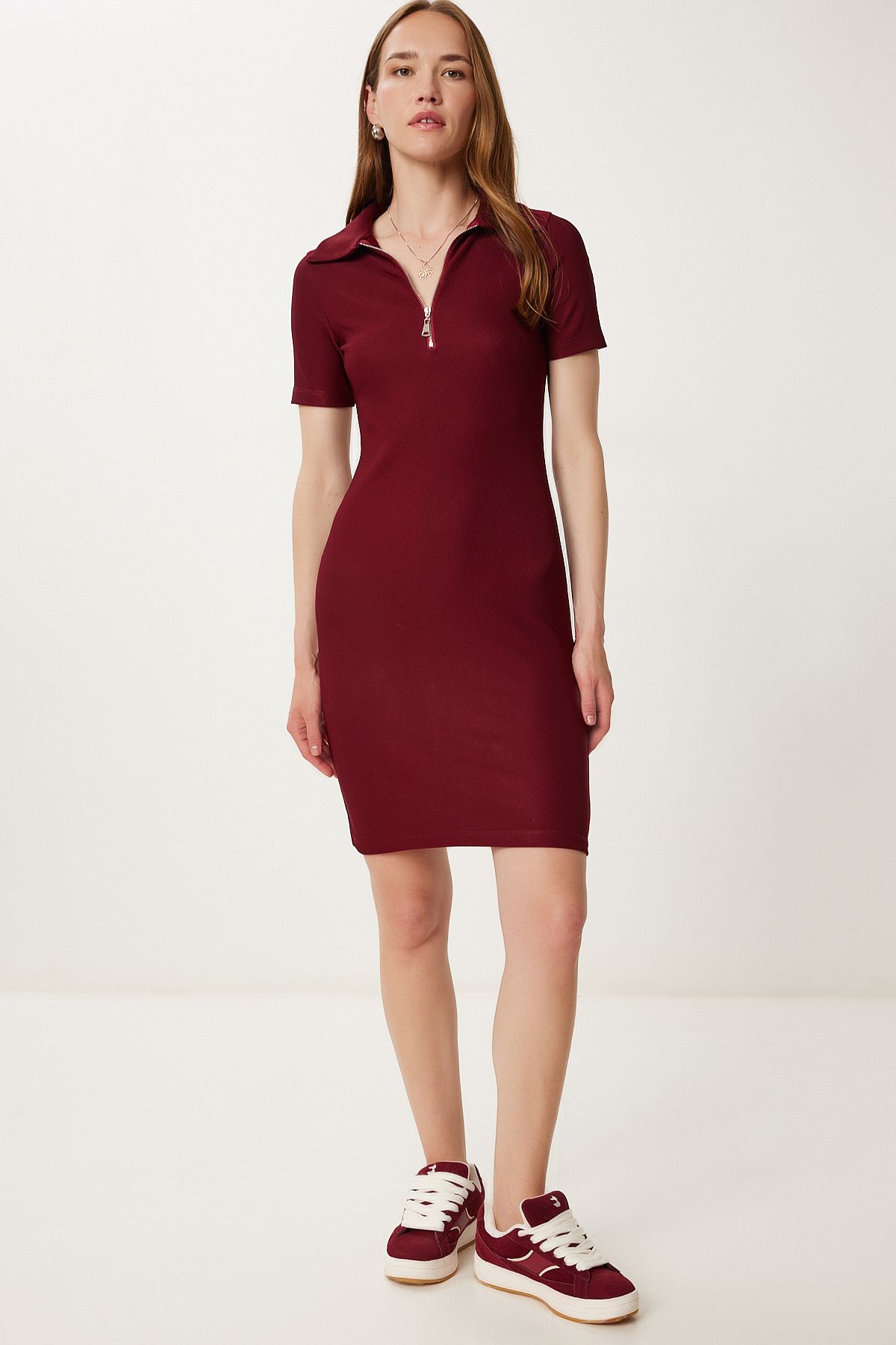 Bordo Fermuarlı Esnek Fitilli Örme Elbise PB00033