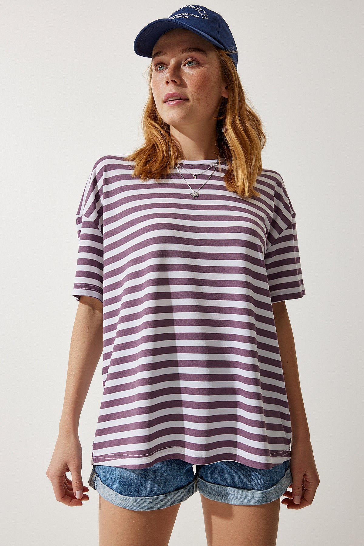 Leylak Bisiklet Yaka Çizgili Oversize Örme T-Shirt EN00609