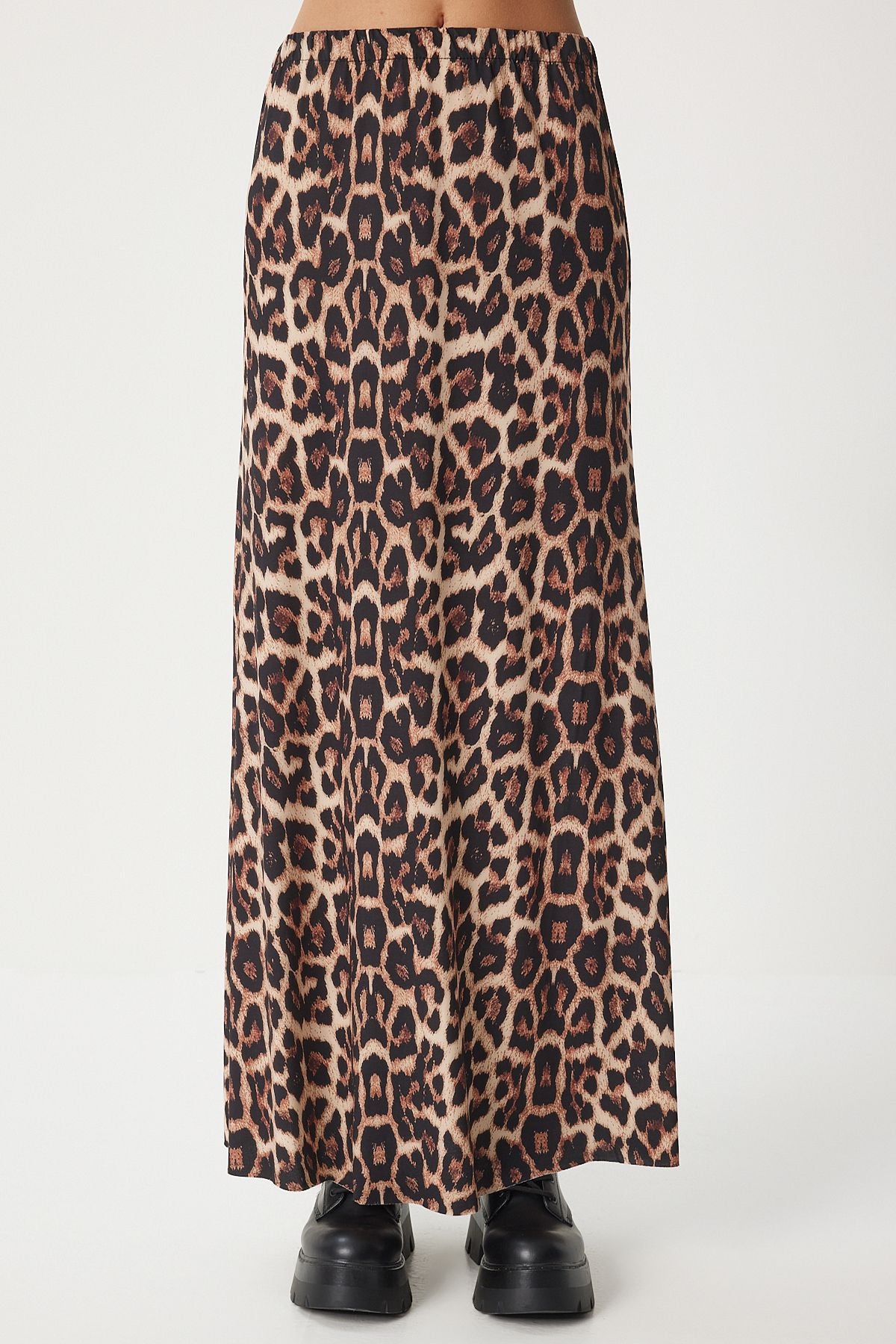 Siyah Bej Leopar Desenli Uzun Dokuma Etek RC00155