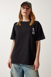 Siyah Bisiklet Yaka Nakışlı Oversize Örme T-Shirt NJ00142