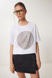 Beyaz Şık Taşlı Örme T-Shirt BW00005
