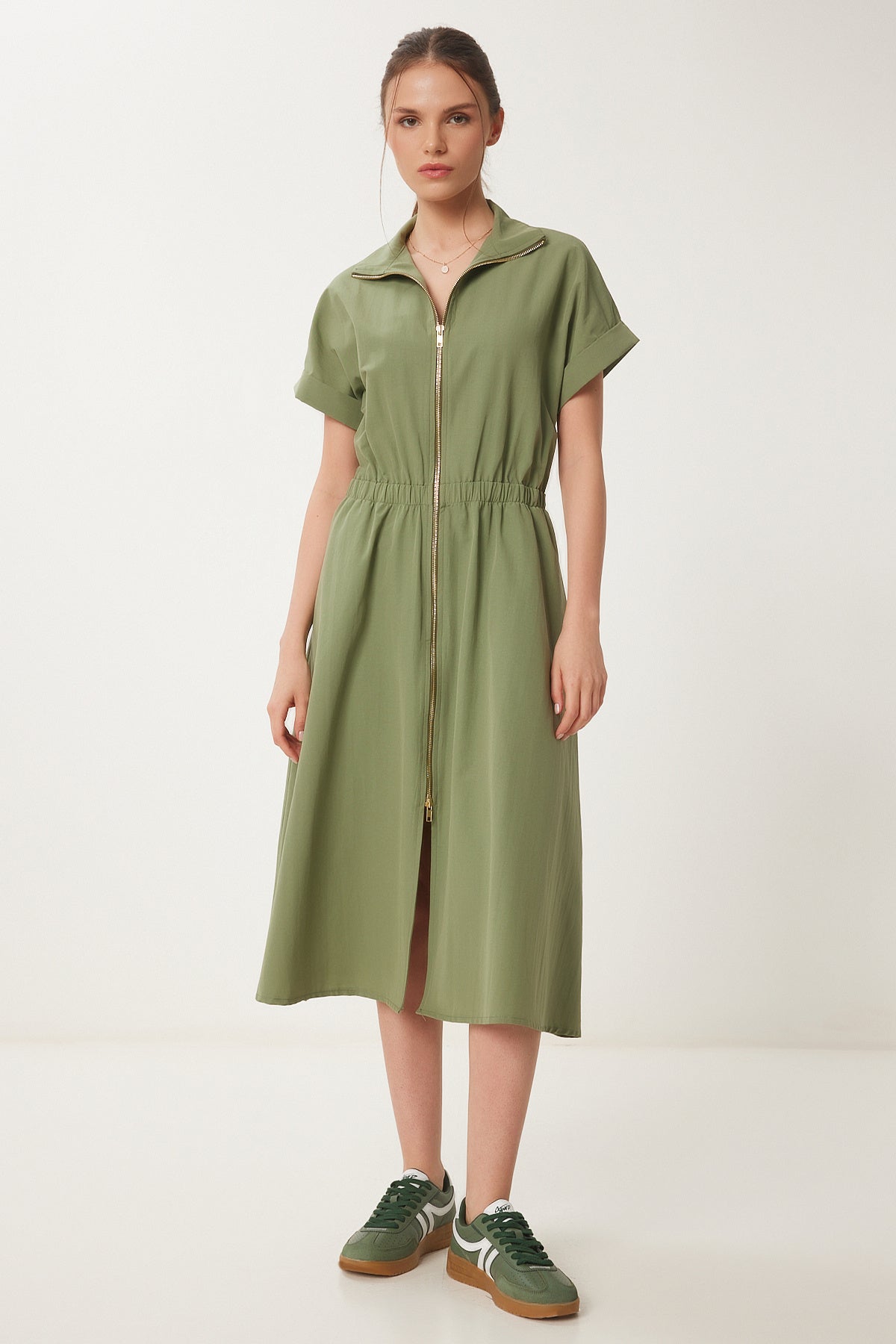 Haki Fermuarlı Midi Poplin Elbise UB00375