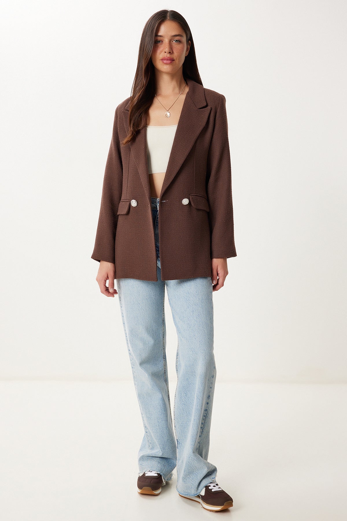 Kahverengi Vatkalı Şık Düğmeli Tüvit Blazer Ceket XL00005