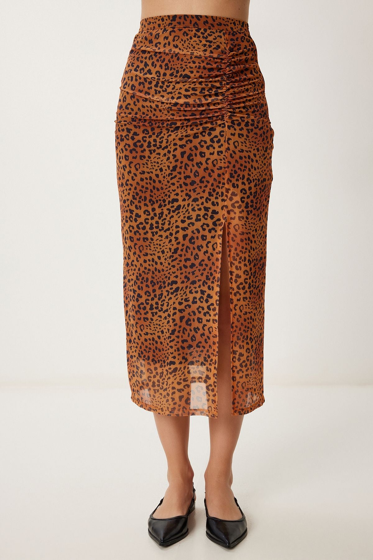 Camel Leopar Desenli Yırtmaçlı Esnek Şifon Etek CR00490