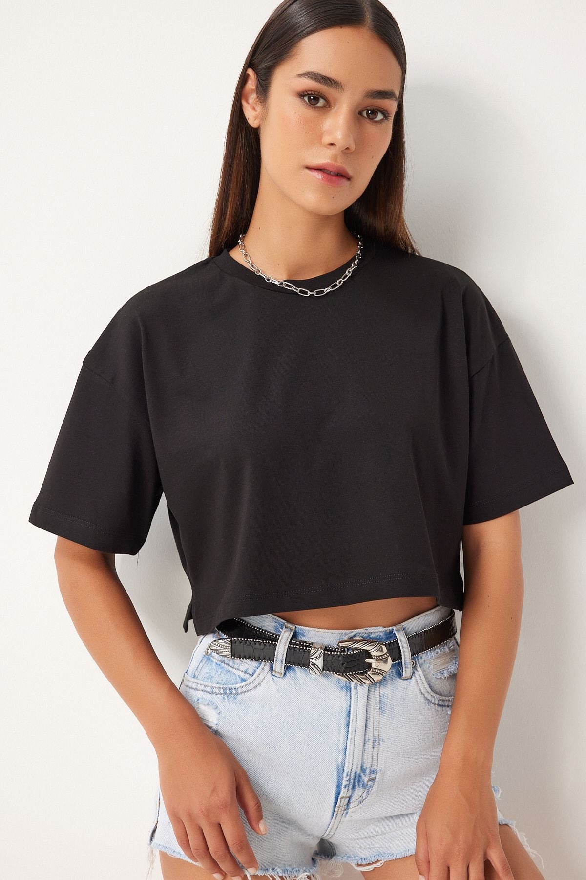 Siyah %100 Pamuk Oversize Crop Örme T-Shirt BP00164