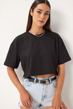 Siyah %100 Pamuk Oversize Crop Örme T-Shirt BP00164