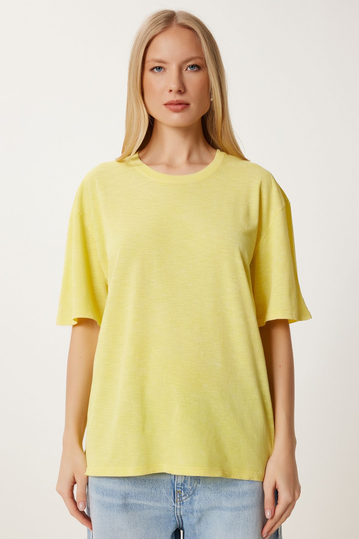 Sarı Yıkamalı Basic Örme T-Shirt AN00258