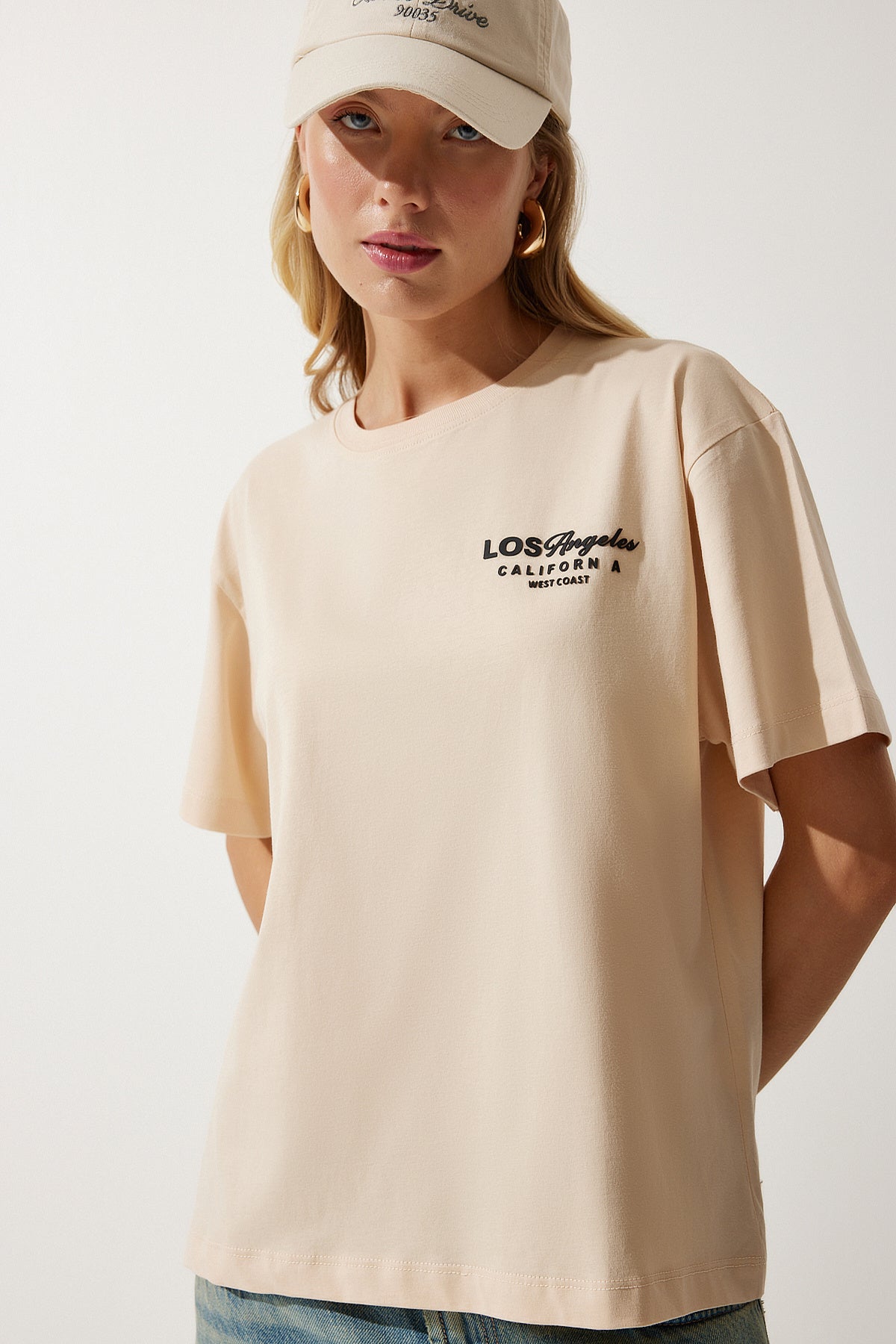 Krem Bisiklet Yaka Baskılı Örme T-Shirt NJ00137