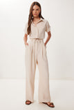 Krem Keten Crop Gömlek Pantolon Takım BV00149
