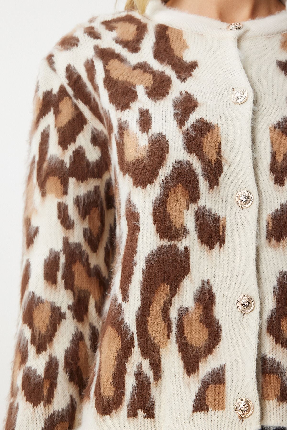 Krem Kahverengi Leopar Desenli Kısa Sakallı Hırka KB00040