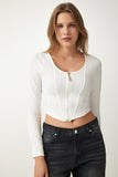 Beyaz Fermuarlı Fitilli Crop Bluz SF00006