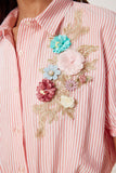 Pembe Beyaz Çiçek İşlemeli Çizgili Crop Dokuma Gömlek TP00095