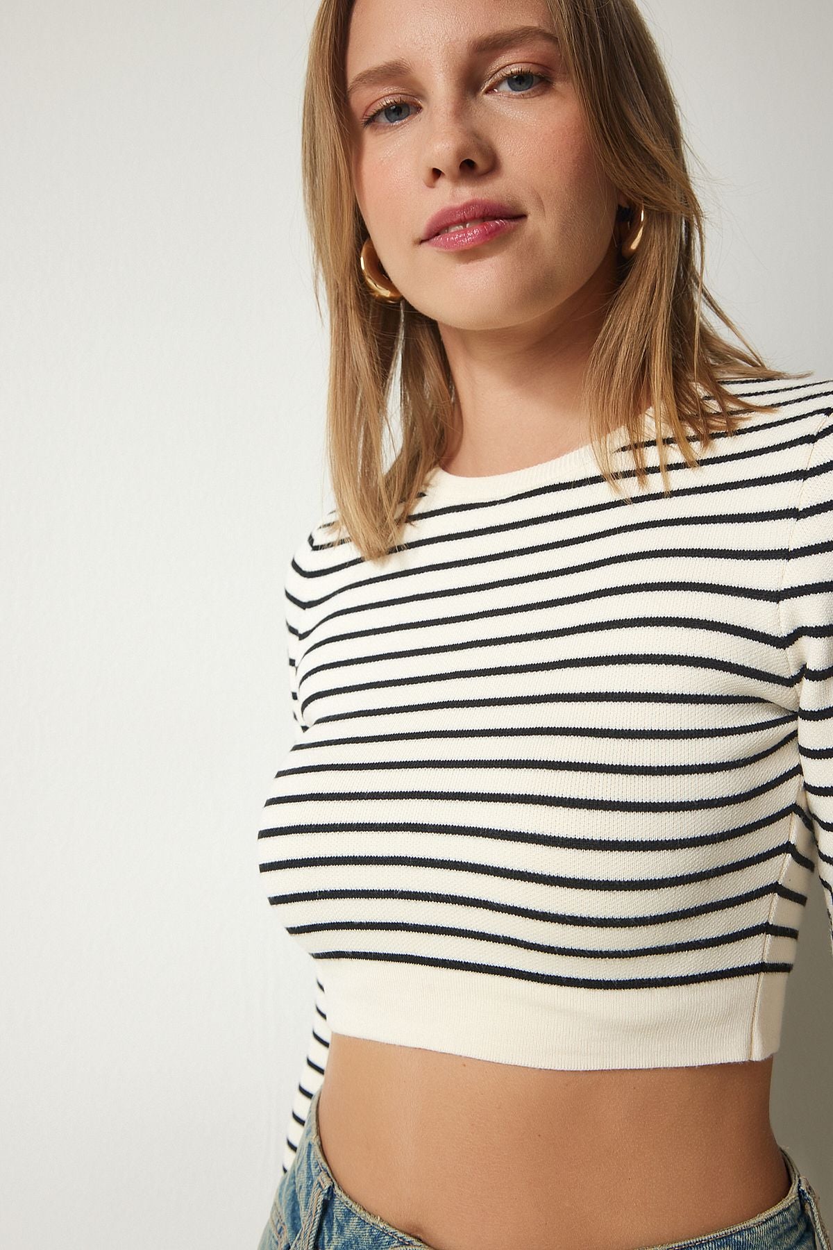 Krem Çizgili Crop Triko Kazak PF00030