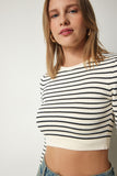 Krem Çizgili Crop Triko Kazak PF00030