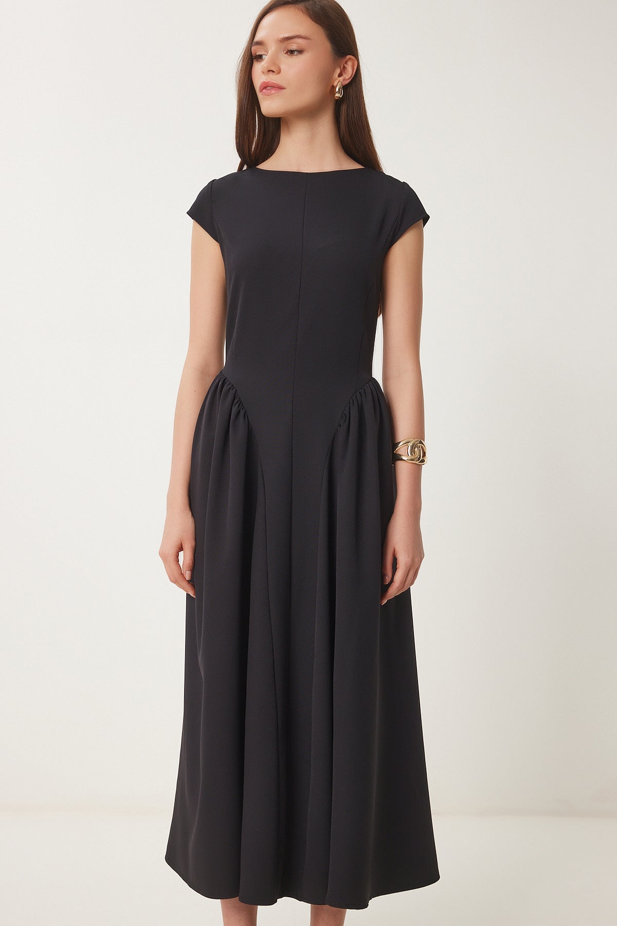 Siyah Midi Poplin Elbise UB00359