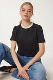 Siyah Kontrast Renkli Pamuklu Örme T-Shirt CR00472