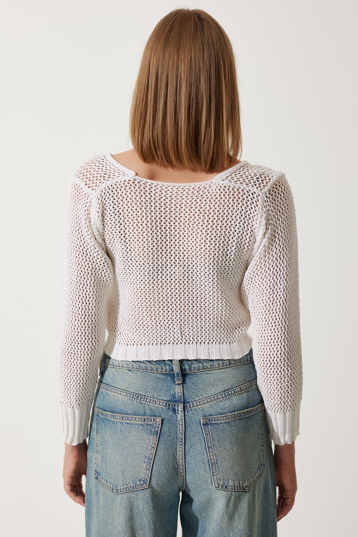 Ekru Ajurlu Crop Triko Bluz YY00212